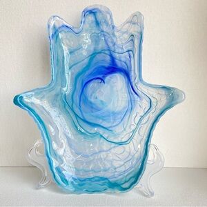 Art Glass hamsa hand dish with aqua blue swirls and textured back pattern 9 inch